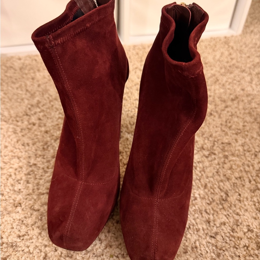 B Brian Atwood Rich Red Suede Ankle Boots